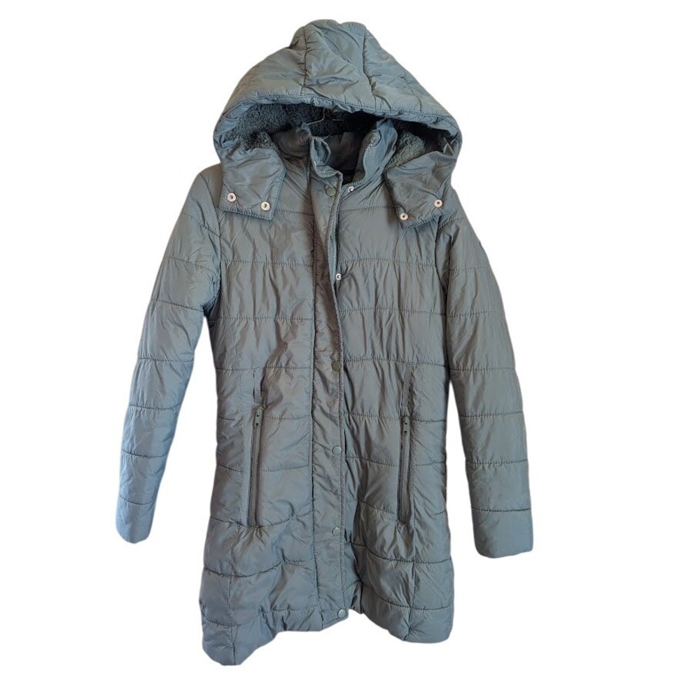Puffer Jacket Military Green Coat M Hooded Fleece Lined Long Length Cozy Hygge